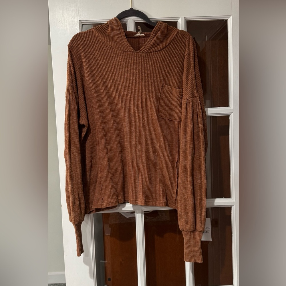 NWT Easel Wooden Color Mineral Washed Rib Knit Hoodie